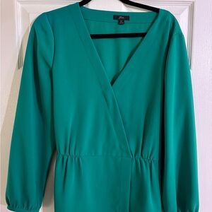 J. Crew Green Crepe Faux Wrap V-Neck Blouse